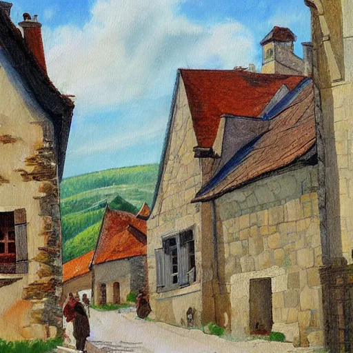 Prompt: painting of a rural French medieval village, by Aleksander Rostov