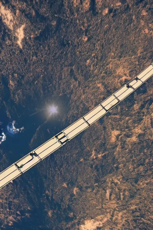 Prompt: flying train track in atmosphere around planet earth, epic award winning cinematic still