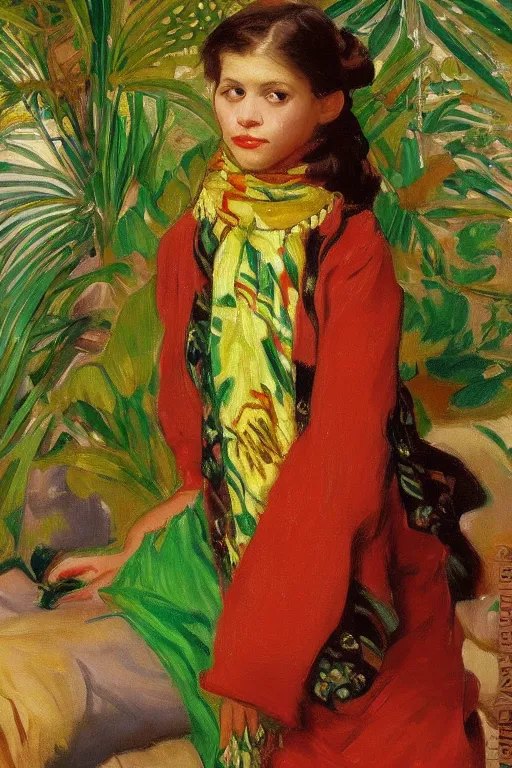 Prompt: a girl with arabesque red and green and golden detailed scarf on persian carpet, mexican palms in back, painting by john singer sargent