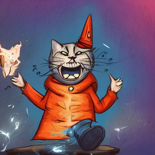 Image similar to wizard is laughing as a small cat, dynamic pose, chromatic aberration , medium level shot, comedy, fantasy, illustration, concept art,