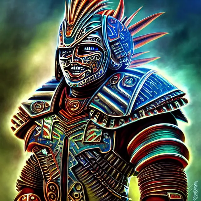 Image similar to futuristic cyber aztec warrior, highly detailed, 4 k, hdr, smooth, sharp focus, high resolution, award - winning photo, illustrated by anne stokes, photorealistic