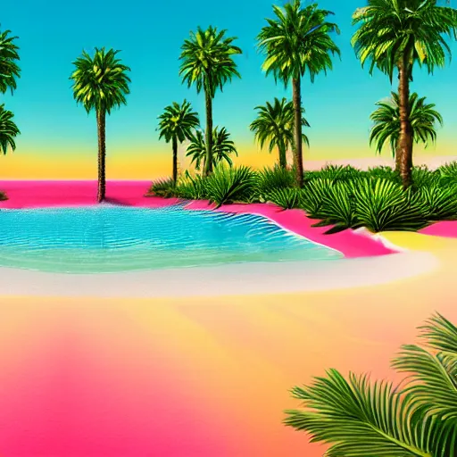 Prompt: realistic illustration of an oasis in a desert. Hot yellow sand with cyan water with white lines of refraction. Palm trees surround the oasis. Pink blocks are rising out of the water in a row leading from near to far, with vines hanging off them