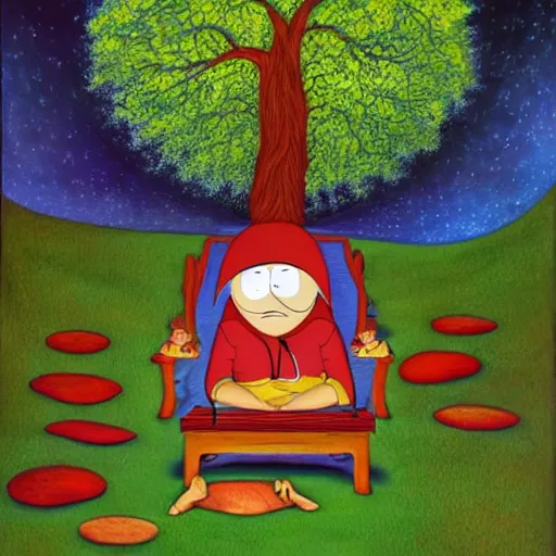 Prompt: A painting of mr mackey from south park meditating under a tree designed by flooko, alex grey,