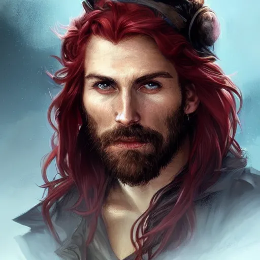 Prompt: portrait of a young pirate, 30 years old, male, ruggedly handsome, masculine, upper body, red hair, long hair, D&D, fantasy, intricate, elegant, highly detailed, cinematic lighting, digital painting, artstation, concept art, cutscene, sharp focus, illustration, art by Artgerm and Greg Rutkowski and Alphonse Mucha