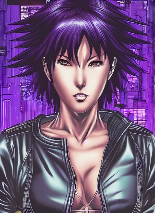 Image similar to motoko kusanagi in grungy cyberpunk megacity, intricate and finely detailed, cyberpunk vaporwave, portrait by j scott campbell