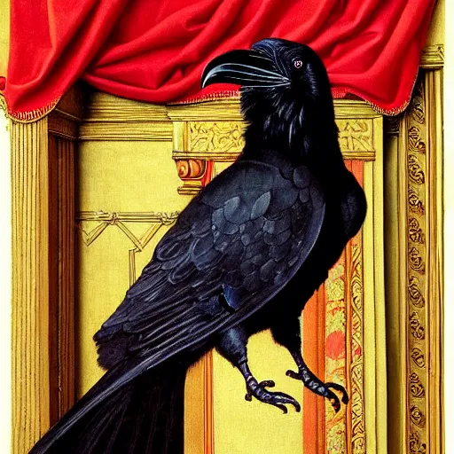 Image similar to a highly detailed painting of a raven dressed as an elegant tudor gentleman, in a room with thick red tapestries, by hans holbein