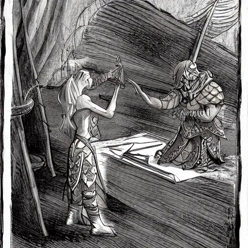 Image similar to a sea elf trying to get an commander, dripping with water, to sign a piece of parchment fantasy drawing