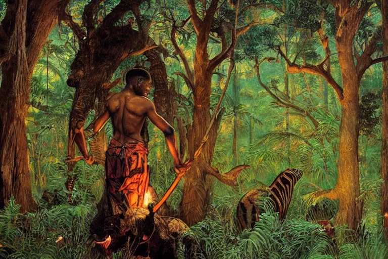 Prompt: a scenic view of an african god in the middle of a magical forest at night, detailed, cinematic, dramatic scene, retro illustration by Norman Rockwell.