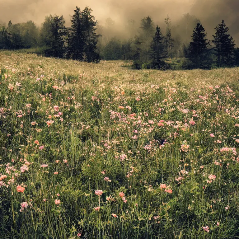 Prompt: atmospheric illustration of decaying bones in a meadow of flowers