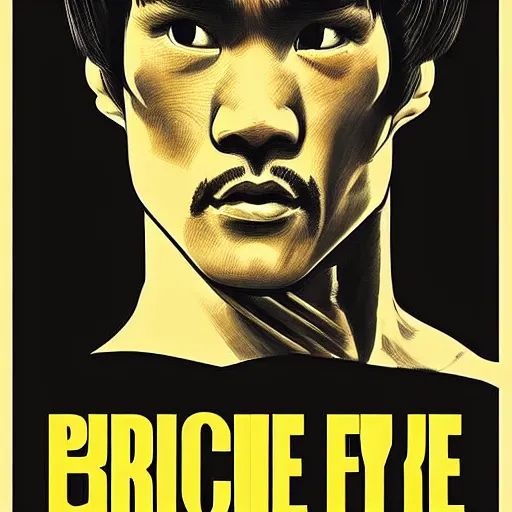 Prompt: portrait of bruce lee, in style of think different poster, highly detailed, symmetry, hyper realistic