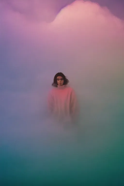 Image similar to high quality pastel coloured film close up wide angle portrait photograph of a model wearing clothing resting on cloud furniture in a icelandic black rock environment in a partially haze filled dreamstate world. three point light, rainbow. photographic production. art directed. pastel colours. volumetric clouds. pastel gradient overlay. waves glitch artefacts. extreme facial clarity. 8 k. filmic.