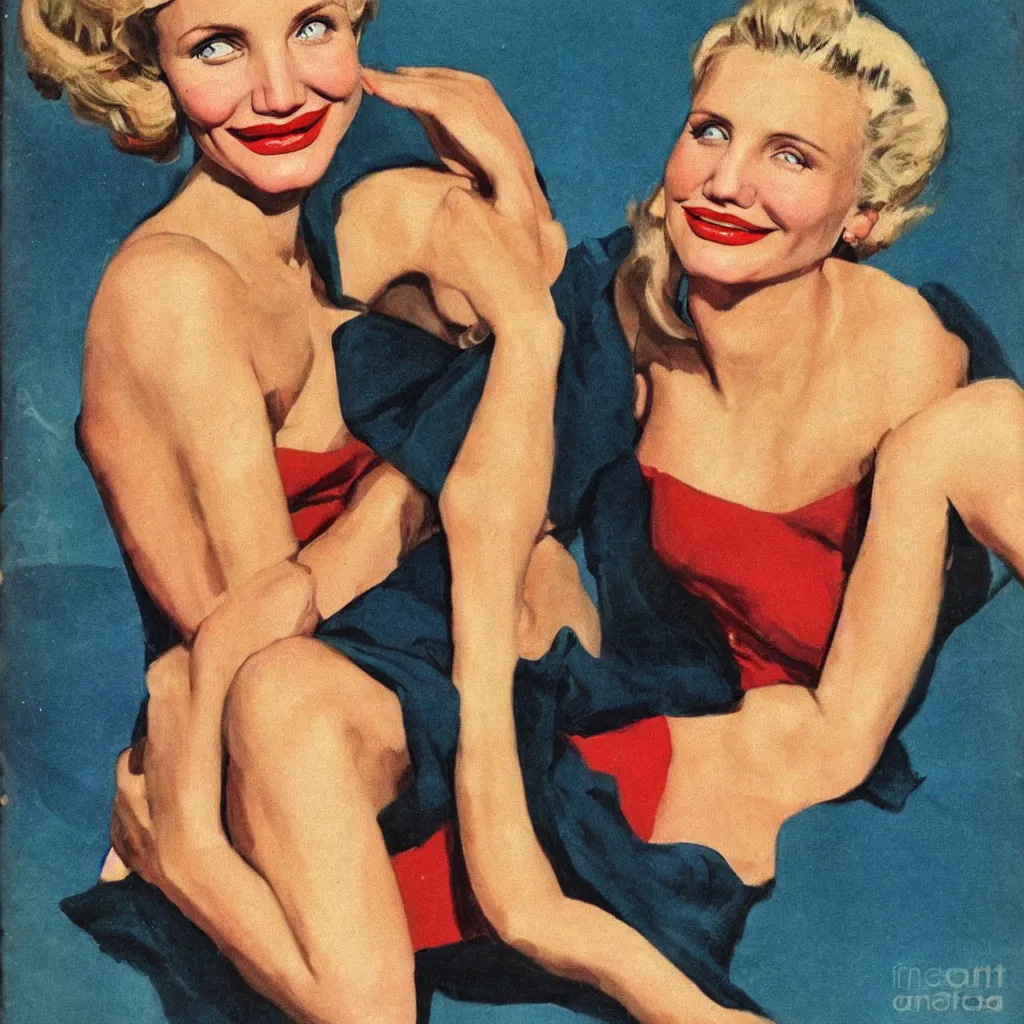 Image similar to Cameron Diaz portrait, color vintage magazine illustration 1950