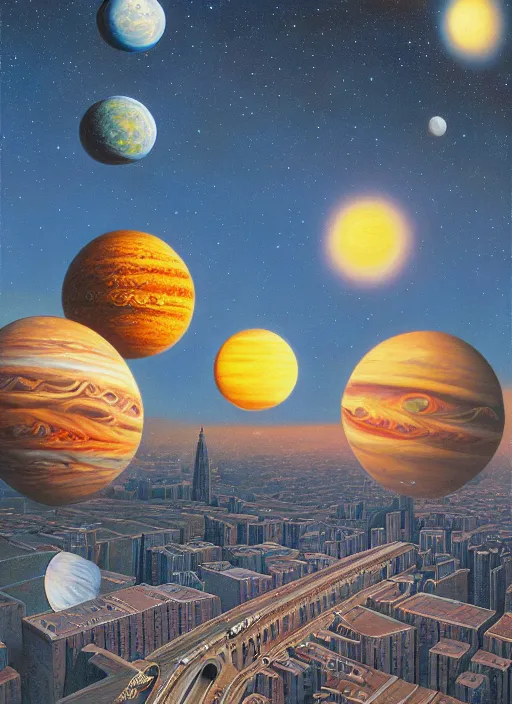 Image similar to the bronx meets the moons of jupiter, vintage shapes, retro technology, happy colors. rob gonsalves, oil on canvas, deep depth field, masterpiece, cinematic composition, hyperdetailed