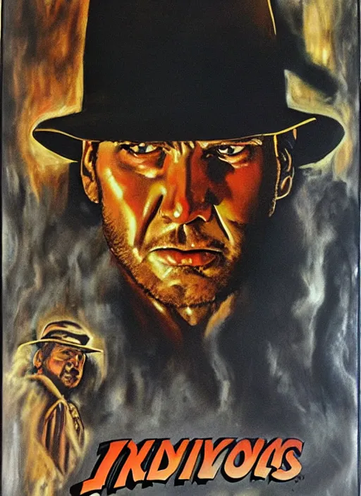 Prompt: creepy horror 1 9 8 6 poster for indiana jones. oil on canvas. print.