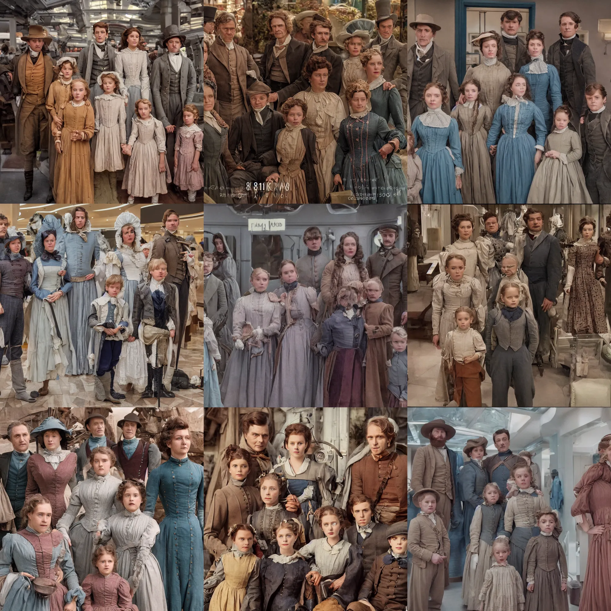 Prompt: sharp, highly detailed, 8k, 65mm film, high quality frame scan from a sci fi blockbuster color movie made in 2019, a family of four time travelers from 1860 travel in time to 2019, appearing in a shopping mall, looking surprised, the family are all wearing 1860s era clothes, good lighting, in focus, cinematic still, high quality scan, in focus, 35mm macro lens, oscar winner, award winning lighting, award winning photography, ultra high definition