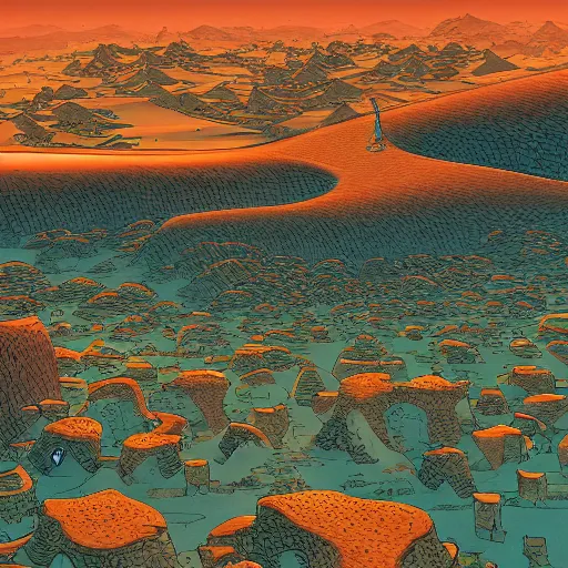 Prompt: porcelain fort, alien desert, multiple suns, lush desert flora, some riders off in the distance, wide angle, late afternoon, 4 k, illustrated by moebius, highly highly highly detailed, saturated