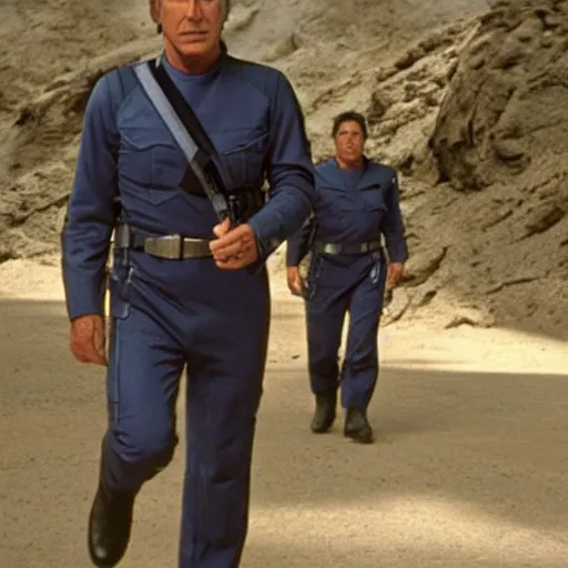 Image similar to A still of Harrison Ford as Commander Adama in Battlestar Galactica (2003), dark blue uniform