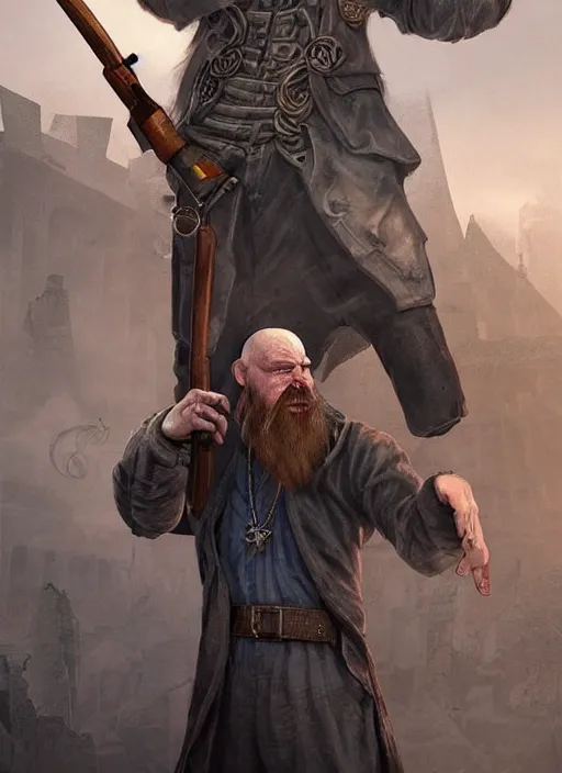 Image similar to portrait of a wizard holding a gun, the wizard has a half shaved head and tattoos, the wizard holding a pistol points downwards, the wizard holding a pistol is only one and stands in a ruined city. by Ciryl Rolando, hyperrealistic illustration, digital art, studio lightning, very detailed faces