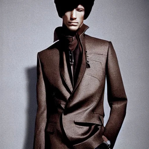 Image similar to a editorial photo of a male model wearing alexander mcqueen medieval 2 0 0 4 menswear jacket