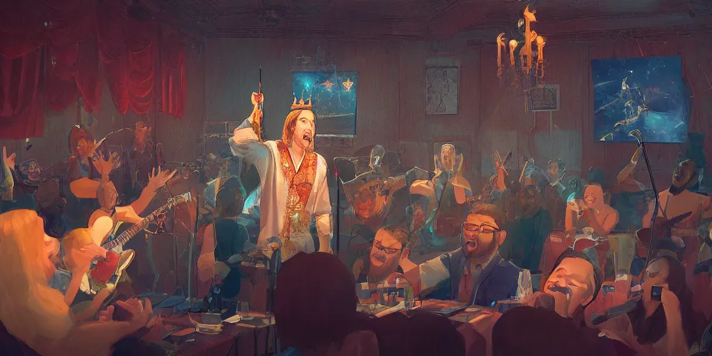 Image similar to a highly detailed digital painting of a king singing karaoke, artstation