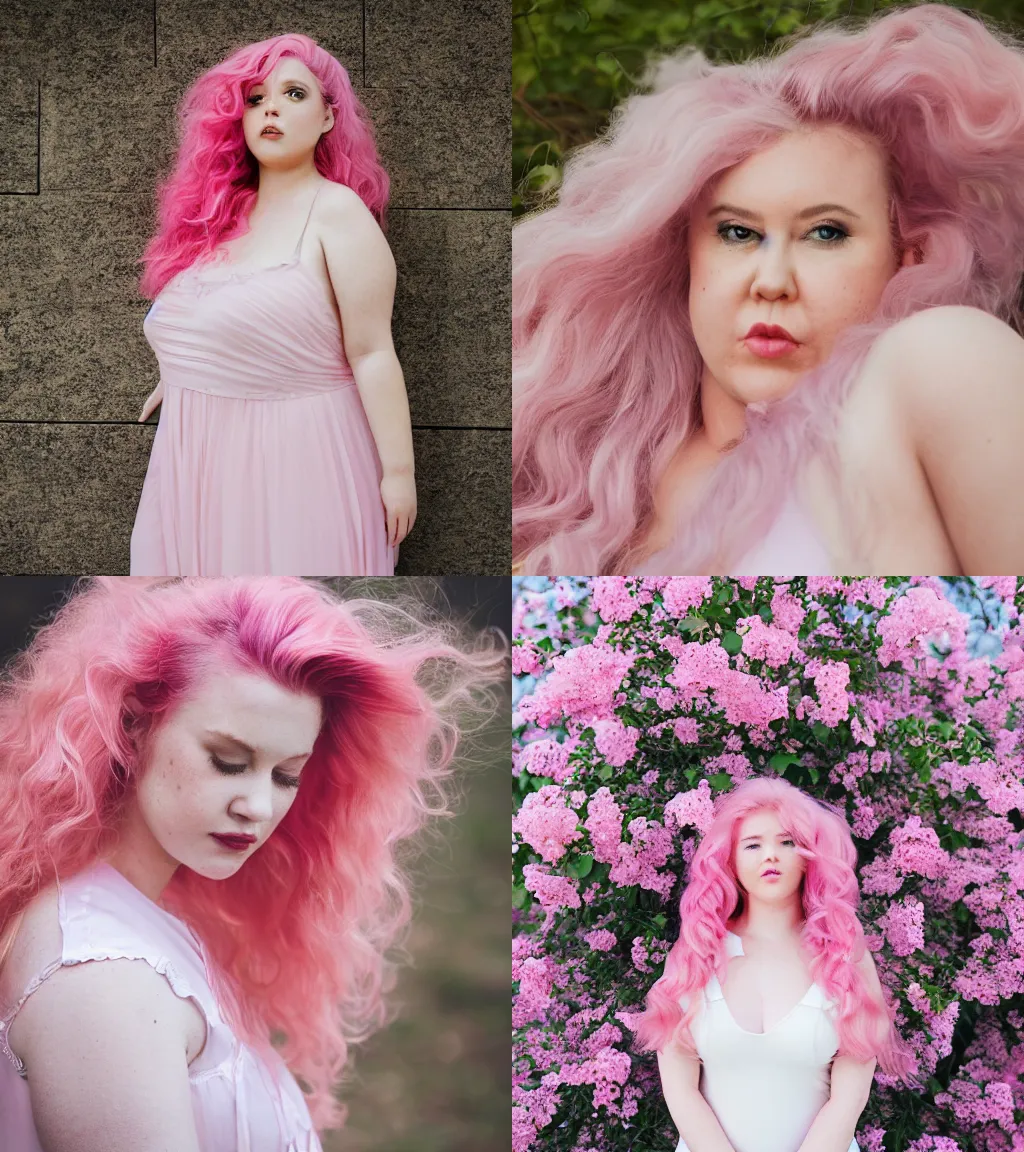 Prompt: a photograph of rose quartz from steven universe, portrait photography, 8 5 mm, iso 4 0 0, focus mode, detailed portrait, gigantic pink ringlets, huge pink hair, chubby, white dress, gorgeous, kind features, beautiful woman, flattering photo, daylight