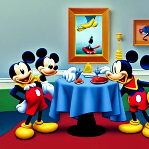 Image similar to Mickey Mouse invites Donald Duck and Goofy to dine in a very fancy restaurant.