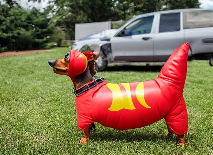 Prompt: Dachshund skydiving while dressed in a hotdog costume