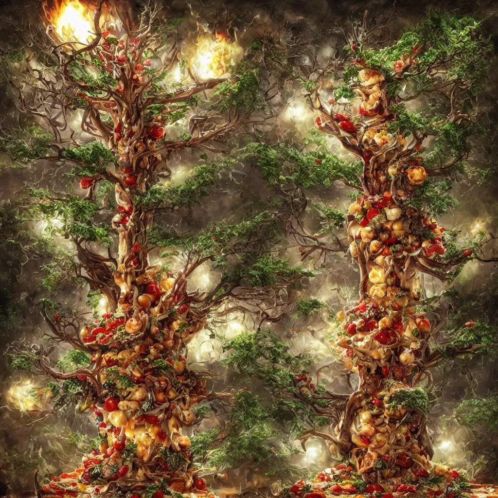 Prompt: fantasy tree growing out of a pizza, with mozzarella decorations, tomatoes and basil growing on the branches, twisted trunk, extremely detailed, lots of mozzarella balls, mozzarella everywhere, plenty mozzarella, a fire burning in pizza oven in background, masterpiece, deviantart, by aleksi briclot and john avon