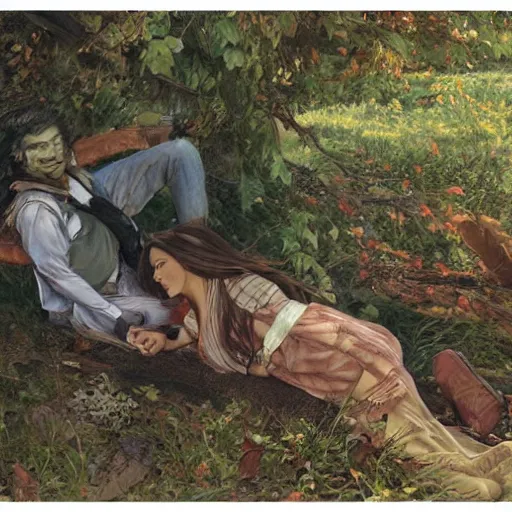 Prompt: long shot of young man and woman with long brown hair, laying under a tree looking at clouds autumn, ( ( ( wearing jeans ) ) ), by stanley artgerm lau, greg rutkowski, thomas kindkade, alphonse mucha, loish, norman rockwell
