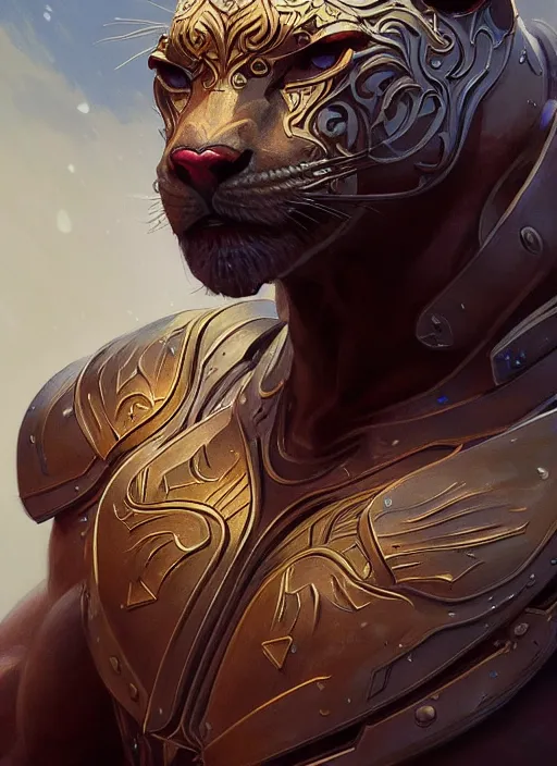 Image similar to portrait of a panther, d & d, armour! muscular, fantasy, intricate, elegant, highly detailed, digital painting, artstation, concept art, smooth, sharp focus, illustration, art by artgerm and greg rutkowski and alphonse mucha