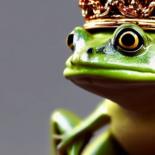 Image similar to anthropomorphic frog wearing crown, photo, 5 5 mm