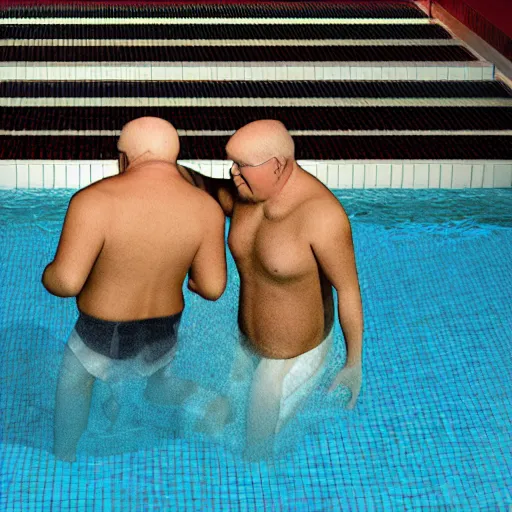 Image similar to photo, two old men fight pig mutants 5 3 1 2 7 inside a swimming pool, highly detailed, scary, volumetric lighting, front view