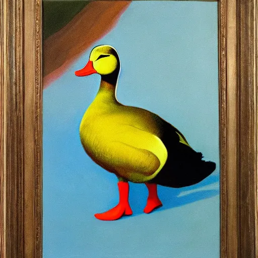 Prompt: a duck on the prowl oil painting cindy sherman