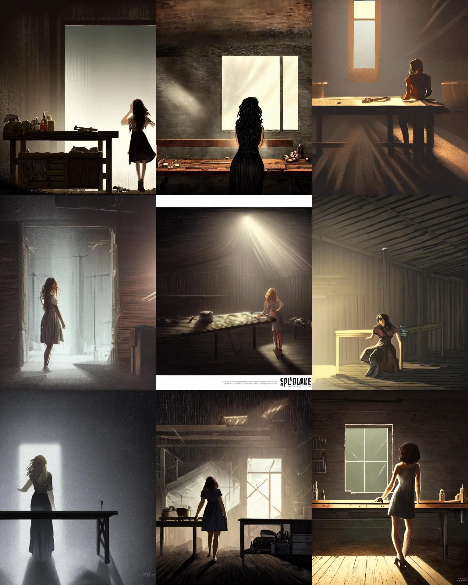 Prompt: style : disco elysium. composition : medium shot. style : digital art ; detailed ; menacing ; 4 k. scenery : the inside of a dark barn ; a faint ray of light is shining through a crack in the planks. subject : a young woman hiding behind a workbench ; dark hair ; wearing a white dress.