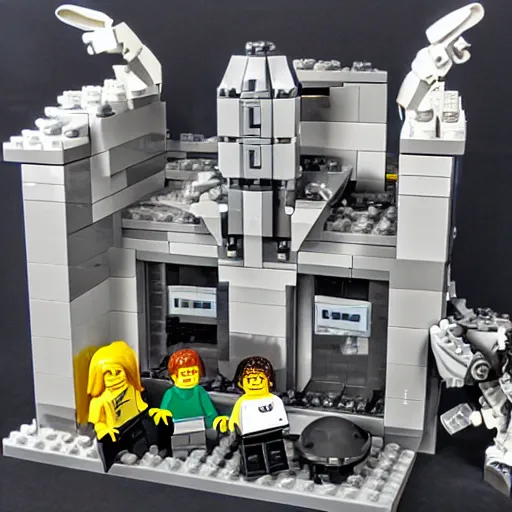 Image similar to a lego set about the first interaction between humans and aliens