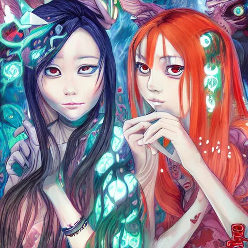 Image similar to Shion and Rimuru Tempest in the style of Magic The Gathering MTG by Hikari Shimoda and Charlie Bowater