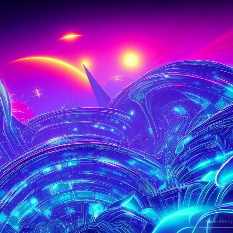 Prompt: elegant geometric space traffic in ethereal crystal city, ( ( synthwave ) ), ( ( fractal waves ) ), bright neon colors, highly detailed, exquisite detail, smooth gradients, cinematic, tim white, roger dean, michael whelan, caza, bob eggleton, philippe druillet, vladimir kush, kubrick, alfred kelsner, vallejo