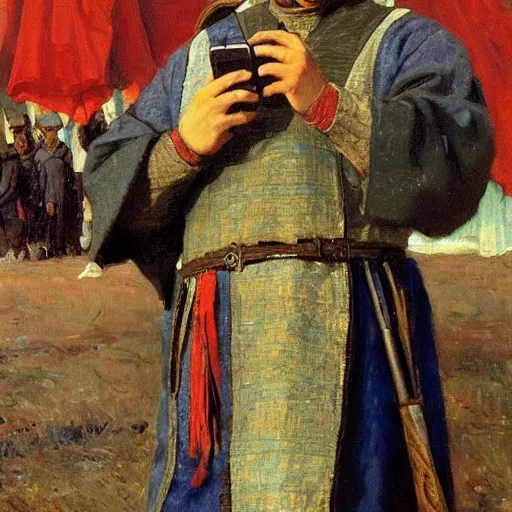 Image similar to portrait of medieval russian tsar in Cap of Monomakh sitting and holding iphone smartphone cellular masterpiece painting by vasnetsov and surikov serov, JEAN-VICTOR BERTIN, by Terence Cuneo, detailed, artfully traced, 4k resolution, cinematic, dramatic