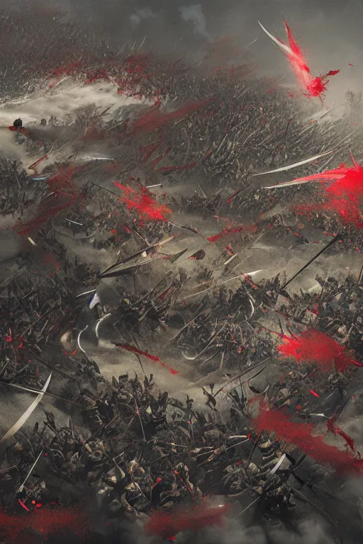 Image similar to bloodiest samurai battle in history. Sashimono. Greg rutkowski legendary matte painting.. 4k, particles light,