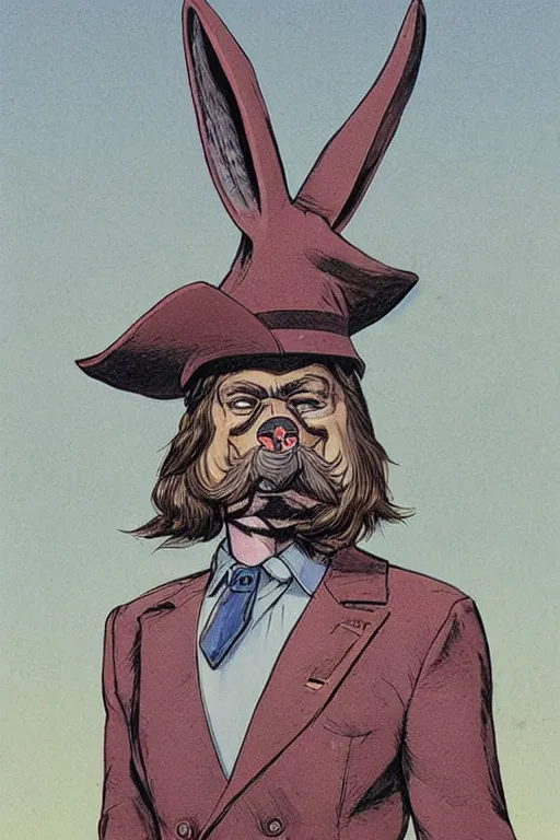 Prompt: vernon. Rabbit with mustache dressed as a sheriff. concept art by James Gurney and Mœbius.