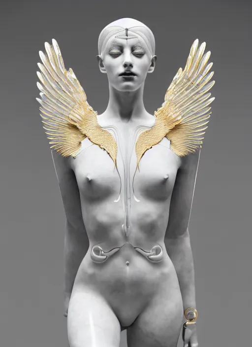 Image similar to a statue made of white marble with gold veins, of an beautiful gorgeous futuristic cybernetic angel girl, prostheses, transhumanism, full body shot, perfect symmetrical body, perfect symmetrical face, hyper realistic, hyper detailed, by johannen voss, by peter kemp, by monia merlo, by michelangelo, octane render, blender, 8 k