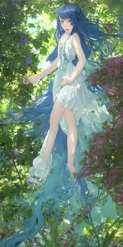 Image similar to a digital art of loli with long hair in a dress in the privet garden at after noon, green and warm theme, blue accents, low angle, back lighting, highly detailed, 4 k resolution, trending on art station, by krenz cushart and mucha and akihito yoshida and greg rutkowski and