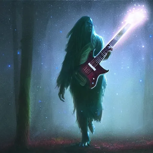 Prompt: UHD photorealistic Cosmic Druid playing electric guitar in the style of tonalism by Greg Rutkowski