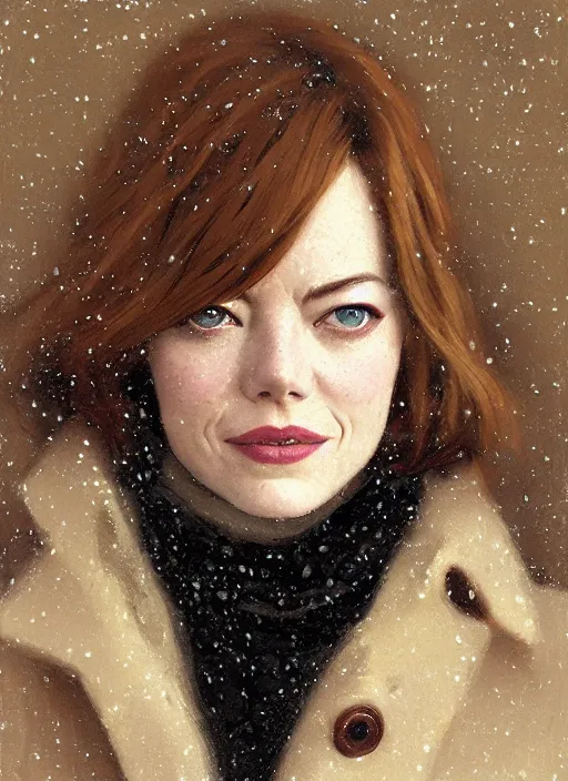 Image similar to emma stone in beige coat, close up portrait, winter new york, snow, artwork by gaston bussiere, craig mullins, trending on artstation