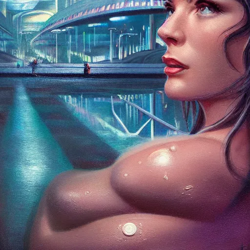 Image similar to detailed face of a woman, clockwork, moment, tectonic sky, skydome, bullet train, turbines, utopian, tech noir, wet reflections, prism, atmospheric, ambient, pj crook, syd mead, livia prima, artgerm, greg rutkowski, nick alm, casey baugh