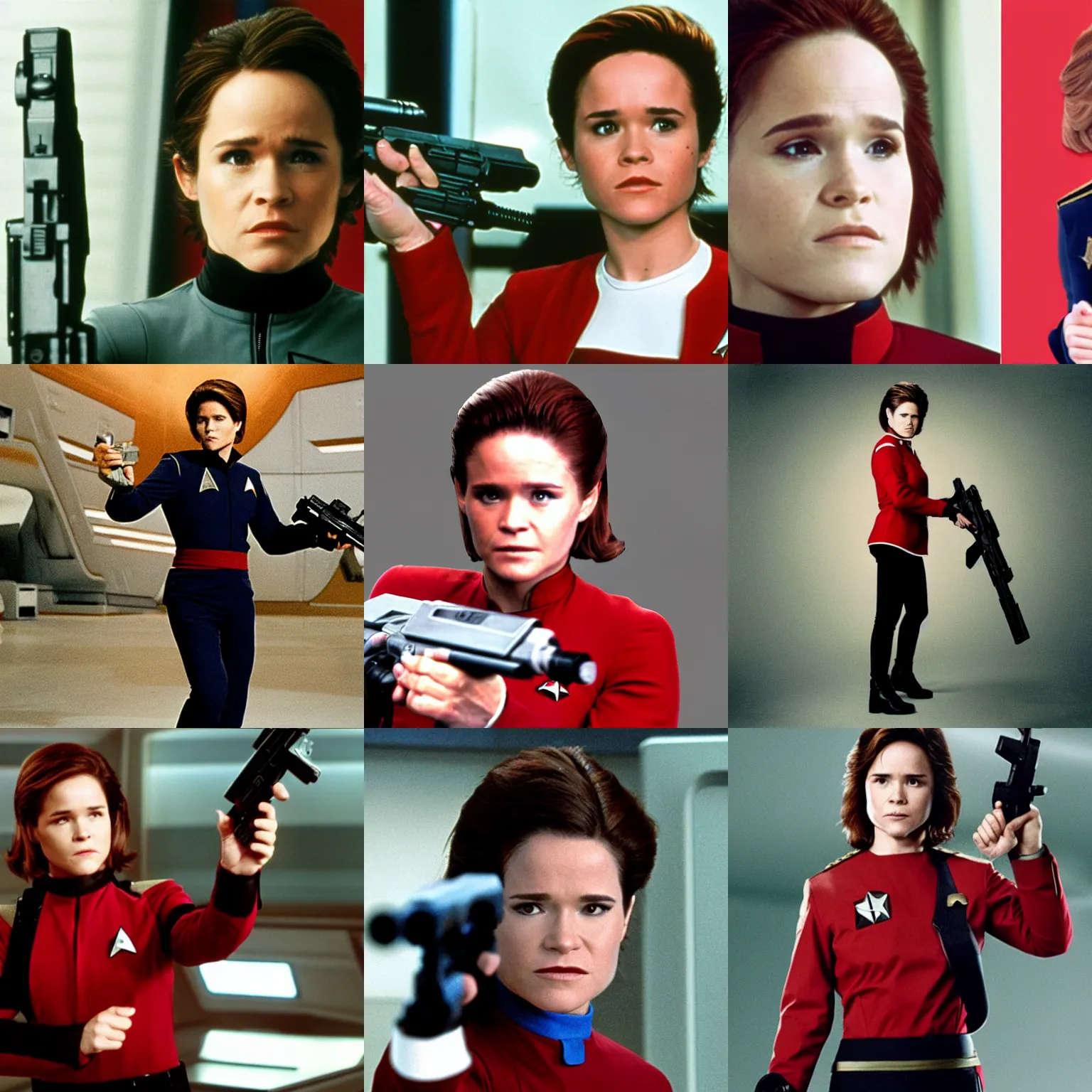 Prompt: Ellen Page as Captain Janeway from Star Trek Voyager, wearing a red captain's uniform, holding a phaser rifle