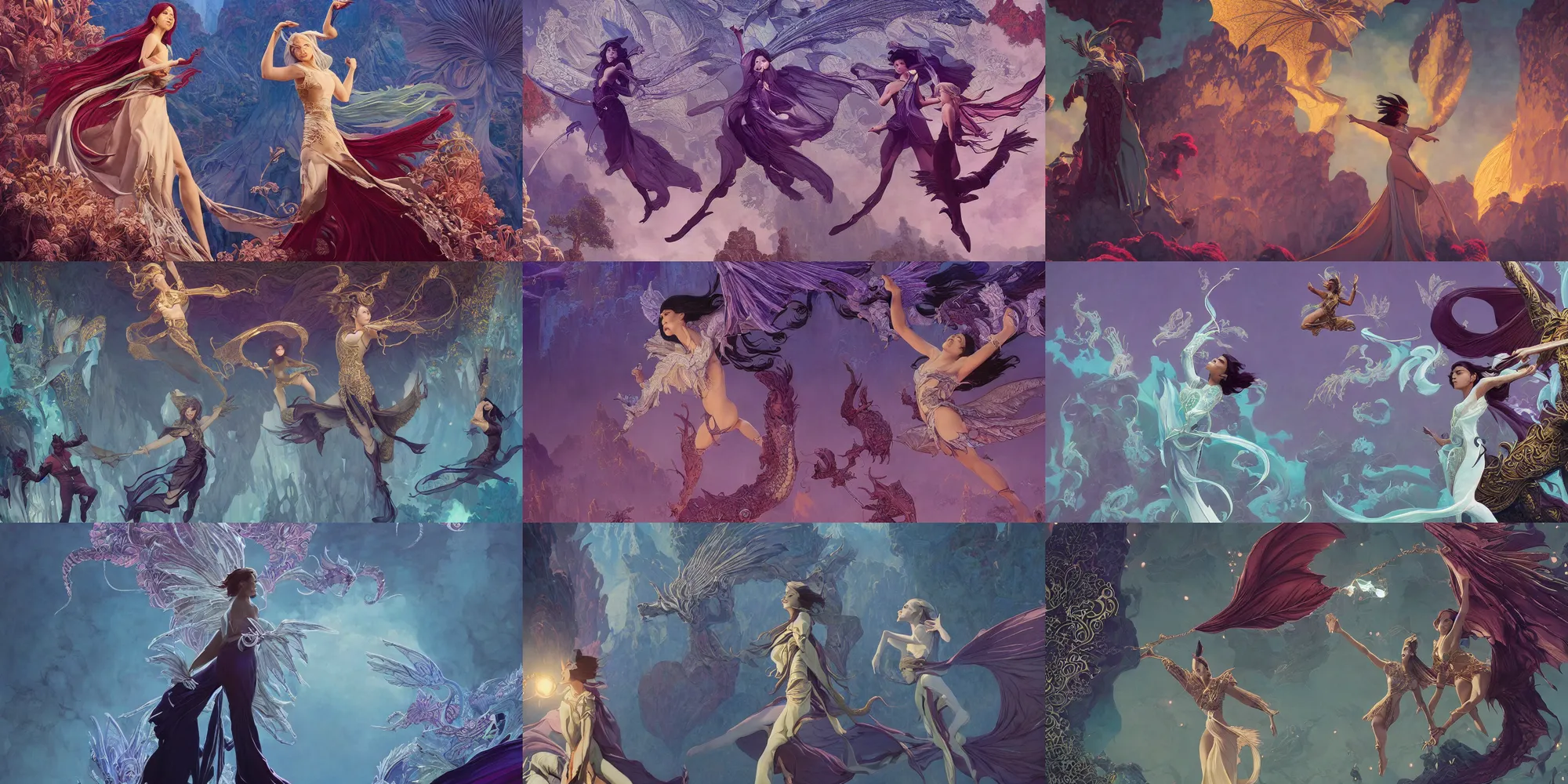 Prompt: Cinematic stills from the Netflix original series Arcane and Dragon Prince crossover, full-body, bloom, dynamic poses, diaphanous cloth, intricate crystalline and feather jewelry, ornate, filigree, arcane, cinematic lighting, by WLOP!!!!, by James Gurney!!!, Maxfield Parrish!!, portfolio illustration, highly detailed, trending on Artstation, CGsociety, HQ, 8k, 35mm lens, f2.8, Bokeh,
