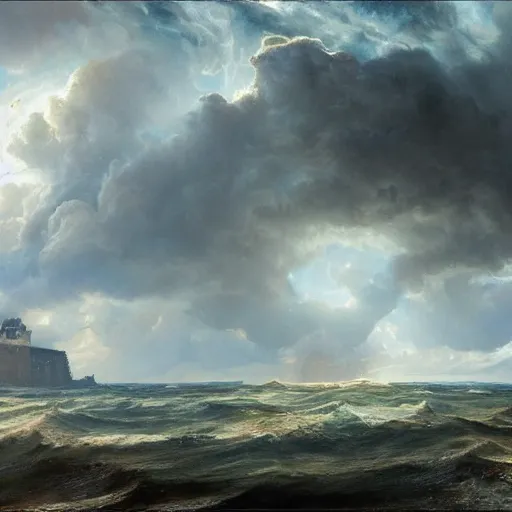 Image similar to Panorama view of a hurricane lifting ruined pieces from an ancient castle into the sky, flying island, eye of the hurricane, oil painting, by Greg Rutkowski