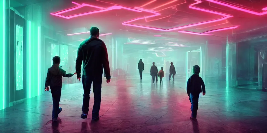 Image similar to a detailed hyper realistic photograph of a father and his son walking in a neon room with Virtual reality headsets experience digital wildlife, artstation, sophisticated, depth of field, Unreal engine, dystopia, anti-utopia, post processing, nostalgic melancholic artwork, intricate