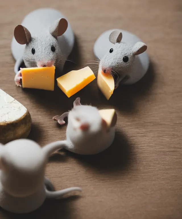 Prompt: high quality presentation photo of cute anthropomorphic grey mice eating cheese, photography 4k f1.8 anamorphic bokeh 4k Canon Nikon